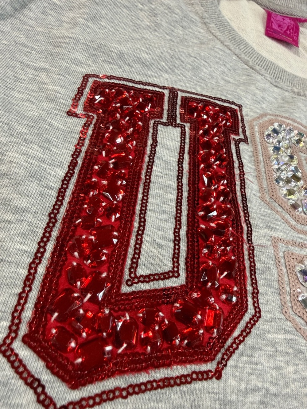 QUEEN OF SPARKLES Gray Crop Tee with Red, White & Blue Sequin USA - Picture 7 of 10